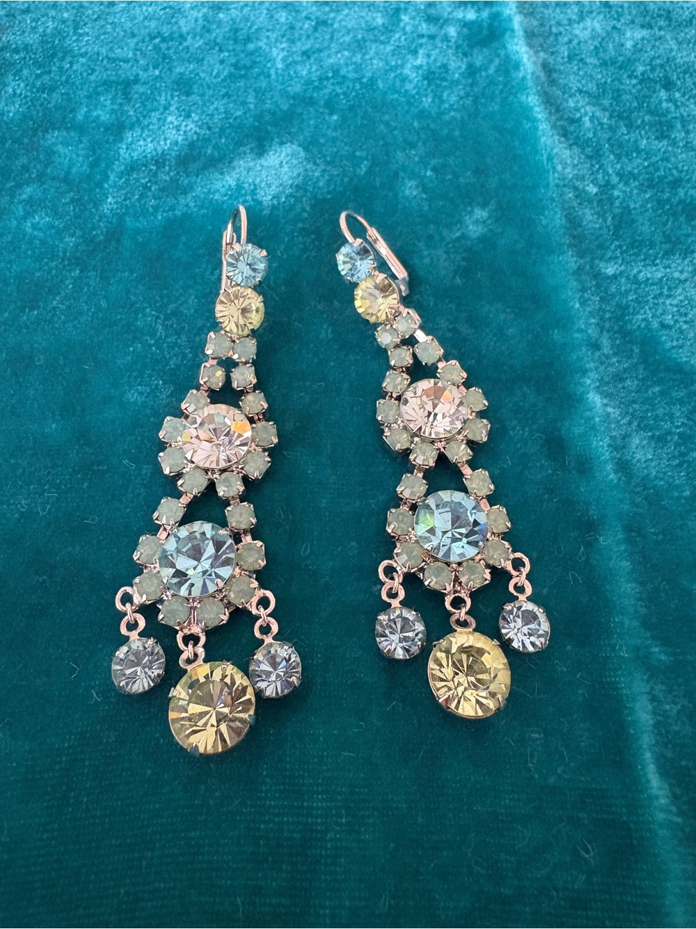 Drop Earrings with Pastel Blue, Light Green and Yellow Crystals